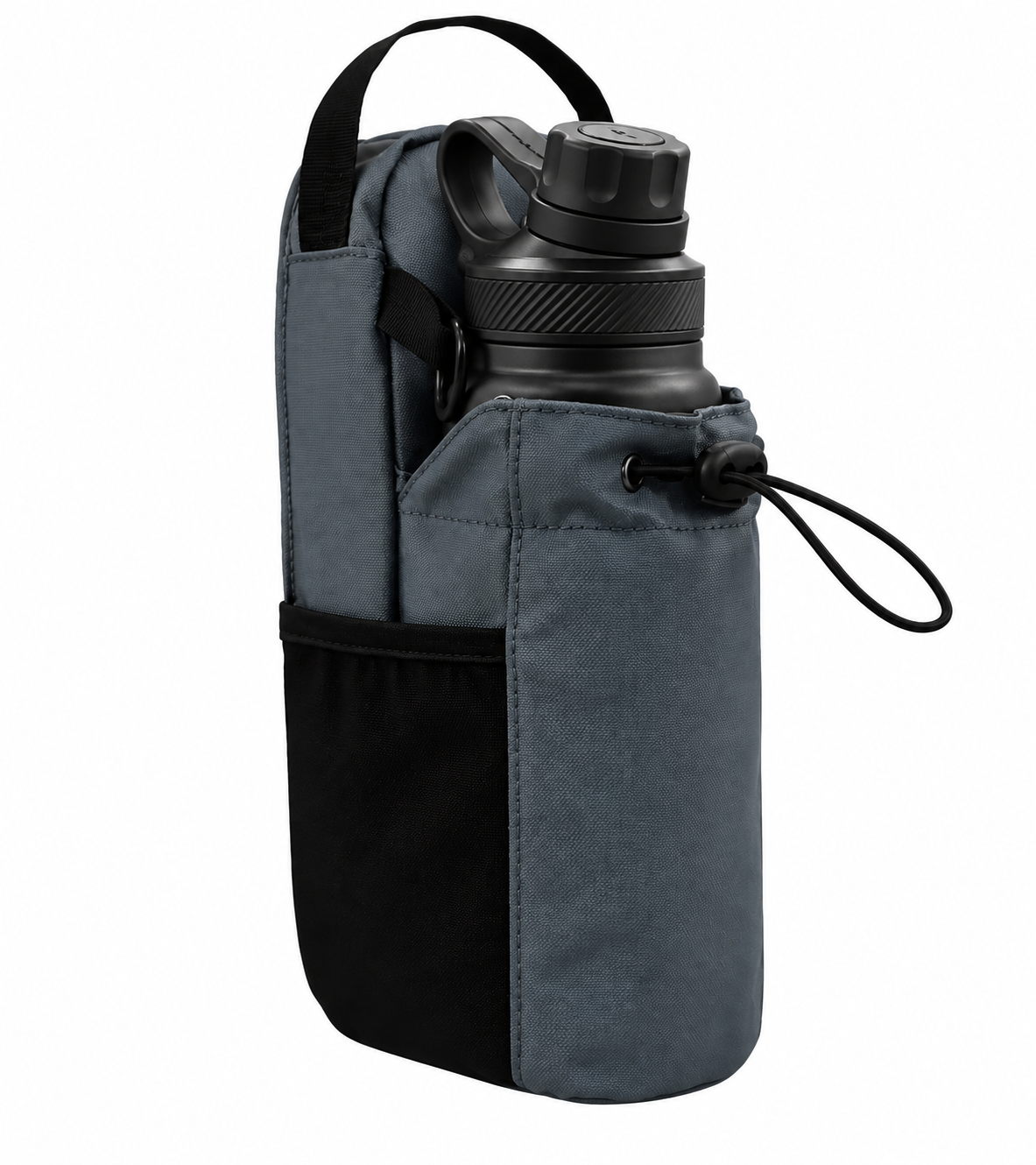 Dark grey Magnetic Gym Bag holding a black water bottle