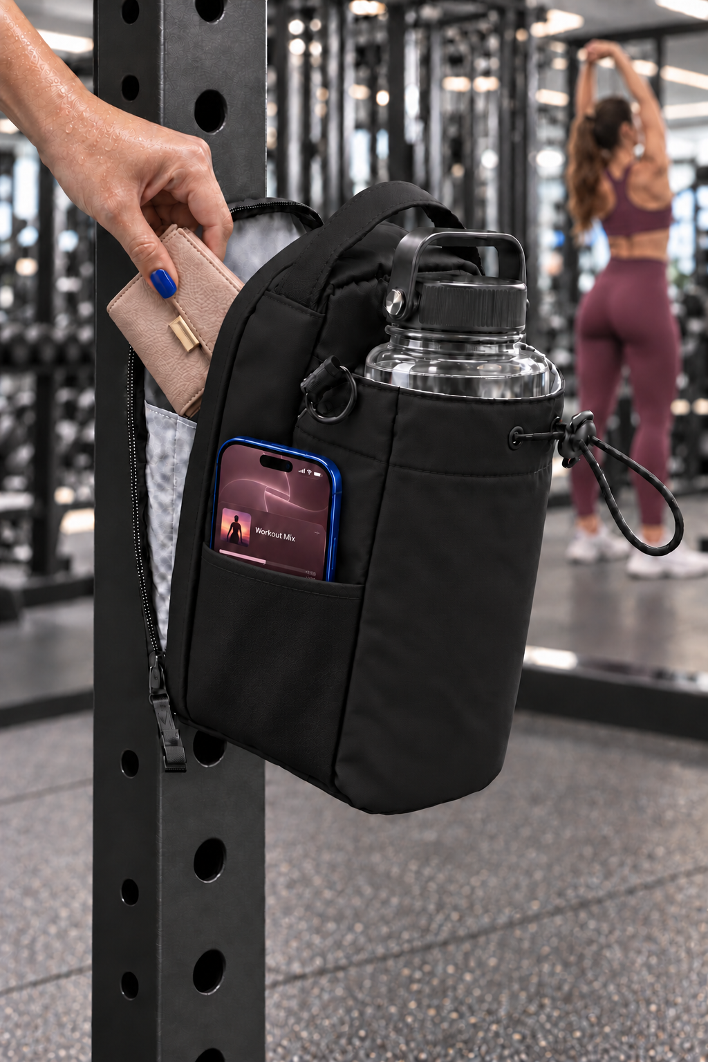 Lifestyle photo — bag on a rack mid-workout