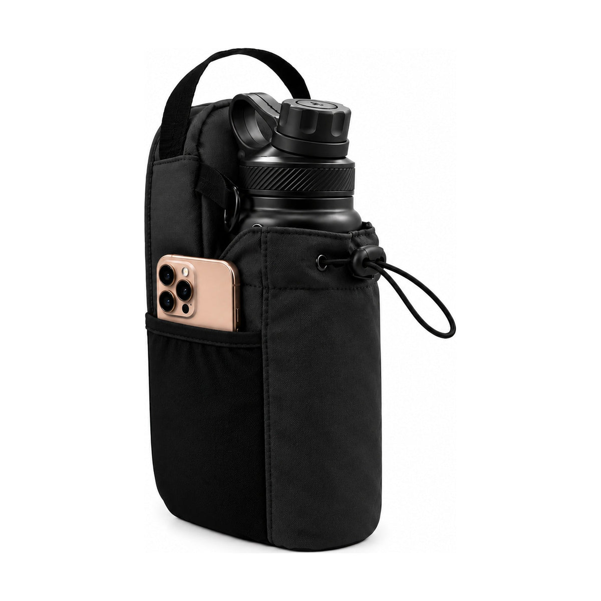 Black Magnetic Gym Bag with a water bottle in the sleeve and a phone in the side pocket